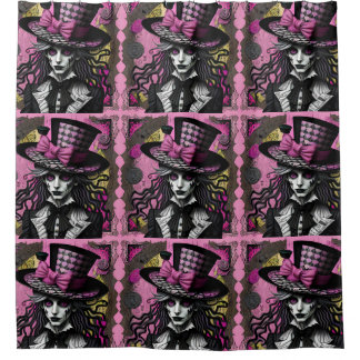 The Mad Hatter Pink and Black Alice Inspired Shower Curtain