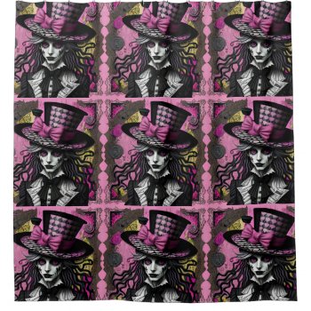 The Mad Hatter Pink And Black Alice Inspired Shower Curtain by angelandspot at Zazzle