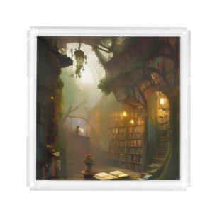 The Magical Bookstore Fantasy Art Acrylic Tray