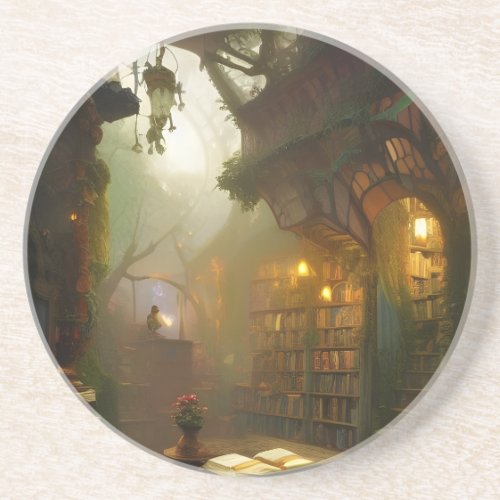 The Magical Bookstore Fantasy Art   Coaster