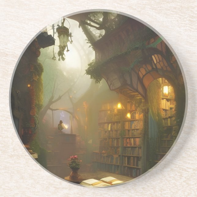 The Magical Bookstore Fantasy Art   Coaster (Front)