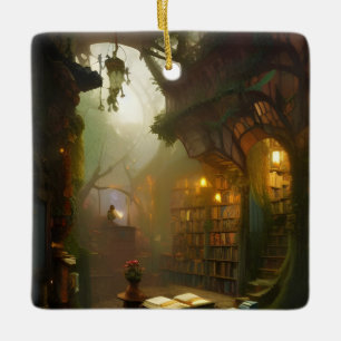 The Magical Bookstore Fantasy Art Personalized Ceramic Ornament