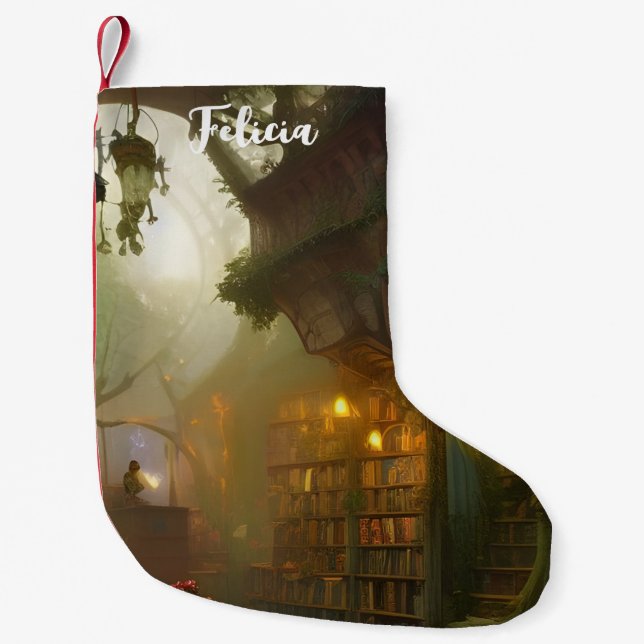 The Magical Bookstore Fantasy Art Personalized   Small Christmas Stocking (Front)