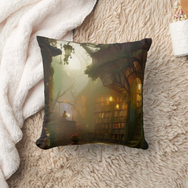 The Magical Bookstore Fantasy Art   Throw Pillow (Blanket)
