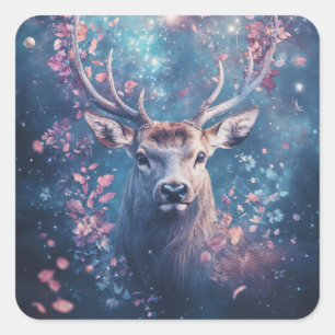 The Magical Deer Among Stars and Flowers Square Sticker