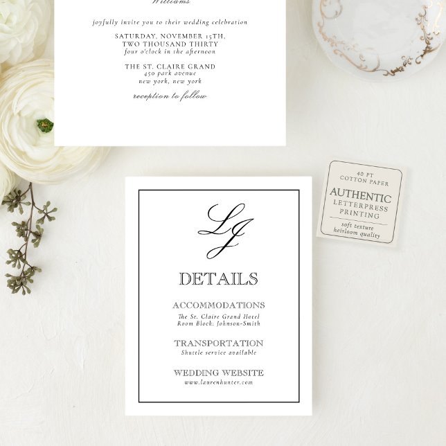 The Maison Suite | Monogram Wedding Details Letterpress Enclosure Card (Soft French romance, thoughtfully designed for a beautiful beginning.)