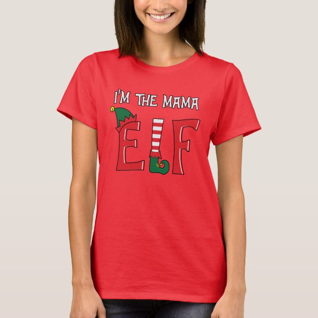 The Mama Elf Family Matching Christmas Pajamas T-Shirt (Front)