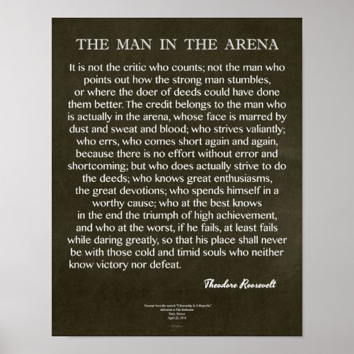 The Man In The Arena Quote by Theodore Roosevelt Poster