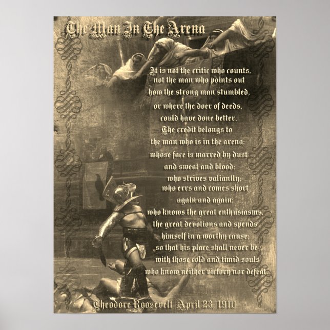 "The man in the arena" Theodore Roosevelt sepia Poster (Front)
