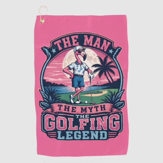 The Man Myth Golfing Legend Funny Flamingo Golf Towel (Front)