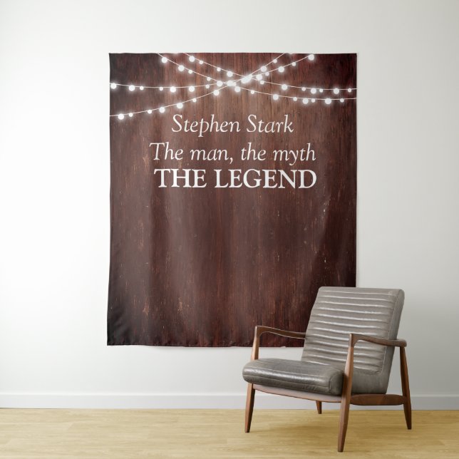 the Man Myth Legend Birthday Wood String Lights Tapestry (In Situ)