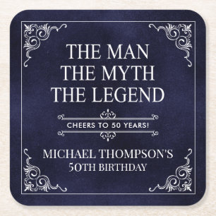 The Man The Myth The Legend 50th Birthday Blue Square Paper Coaster