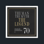 The Man The Myth The Legend 70th Birthday Napkins<br><div class="desc">His life has been a great adventure! These fabulous black men's 70th birthday cocktail napkins that say "The Man The Myth The Legend" in a classic font in silver and gold are perfect for celebrating the special man in your life's 70th birthday. These napkins are trendy, stylish, modern and contemporary....</div>