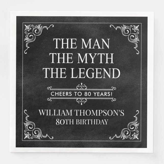 The Man The Myth The Legend 80th Birthday Black  Paper Dinner Napkins (Front)