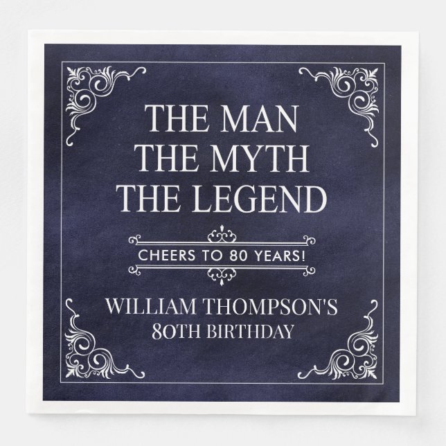 The Man The Myth The Legend 80th Birthday Blue Paper Dinner Napkins (Front)