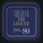 The Man The Myth The Legend 80th Birthday Paper Plates<br><div class="desc">His life has been a great adventure! These fabulous navy blue men's 80th birthday 9" square paper plates that say "The Man The Myth The Legend" in a classic font in silver and gold are perfect for celebrating the man in your life's 80th birthday. These plates are trendy, stylish, modern...</div>