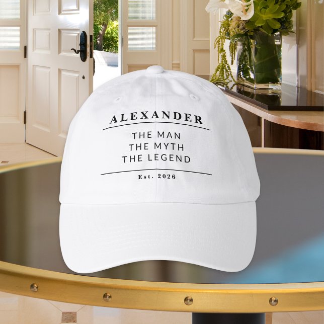 The Man The Myth The Legend Custom Name Est Year Hat (A baseball cap with custom name and established year, with 'The Man, the Myth, the Legend' text)
