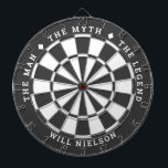 "The man, the myth, the legend" | Dark Gray Dart Board<br><div class="desc">Great gift for guys. 2-color dartboard (customizable colors) with the curved text on top: "THE MYTH" "THE MAN" "THE LEGEND" separated by diamond symbols. Curved text on the bottom for the name of the recipient.
If you need help with this design,  please email me at help@customandcrafted.com</div>