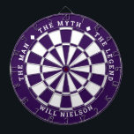 "The man, the myth, the legend" | Dark Purple Dart Board<br><div class="desc">Great gift for guys. 2-color dartboard (customizable colors) with the curved text on top: "THE MYTH" "THE MAN" "THE LEGEND" separated by diamond symbols. Curved text on the bottom for the name of the recipient.
If you need help with this design,  please email me at help@customandcrafted.com</div>