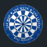 "The man, the myth, the legend" | Deep Blue Dart Board<br><div class="desc">Great gift for guys. 2-color dartboard (customizable colors) with the curved text on top: "THE MYTH" "THE MAN" "THE LEGEND" separated by diamond symbols. Curved text on the bottom for the name of the recipient.
If you need help with this design,  please email me at help@customandcrafted.com</div>