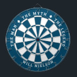 "The man, the myth, the legend" | Ocean Blue Dart Board<br><div class="desc">Great gift for guys. 2-color dartboard (customizable colors) with the curved text on top: "THE MYTH" "THE MAN" "THE LEGEND" separated by diamond symbols. Curved text on the bottom for the name of the recipient.
If you need help with this design,  please email me at help@customandcrafted.com</div>