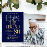 The Man The Myth The Legend Photo 80th Birthday  Invitation<br><div class="desc">His life has been a great adventure! This fabulous navy blue men's 80th birthday party photo invitation that says "The Man The Myth The Legend" in a classic font in silver and gold would be perfect for asking people to join you as you celebrate the man in your life's 80th...</div>