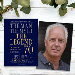 The Man The Myth The Legend Surprise 70th Birthday Invitation<br><div class="desc">His life has been a great adventure! This fabulous navy blue men's 70th birthday photo surprise party invitation that says "The Man The Myth The Legend" in a classic font in silver and gold would be perfect for asking people to join you as you celebrate the man in your life's...</div>