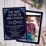 The Man The Myth The Legend Surprise 80th Birthday Invitation<br><div class="desc">He IS The Man The Myth The LEGEND! His life has been an amazing adventure and it's time to celebrate his legacy and him. This textured navy blue paper with white type and white scrolled corner surprise 80th Birthday invitation with the guest of honor's photo on the back is perfect...</div>