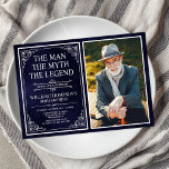 The Man The Myth The Legend Surprise 80th Birthday Invitation<br><div class="desc">He IS The Man The Myth The LEGEND! His life has been an amazing adventure and it's time to celebrate his legacy and him. This textured navy blue paper with white type and white scrolled corner surprise 80th Birthday invitation with the guest of honor's photo is perfect for inviting friends...</div>