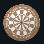 "The man, the myth, the legend" | Wood Brown Dart Board<br><div class="desc">Great gift for guys. 2-color dartboard (customizable colors) with the curved text on top: "THE MYTH" "THE MAN" "THE LEGEND" separated by diamond symbols. Curved text on the bottom for the name of the recipient.
If you need help with this design,  please email me at help@customandcrafted.com</div>