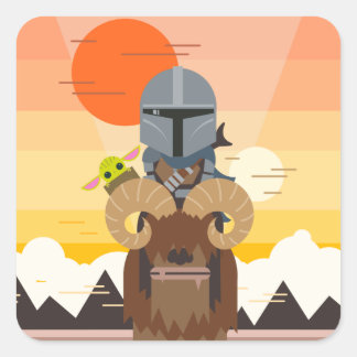 The Mandalorian and Child on Bantha Illustration Square Sticker