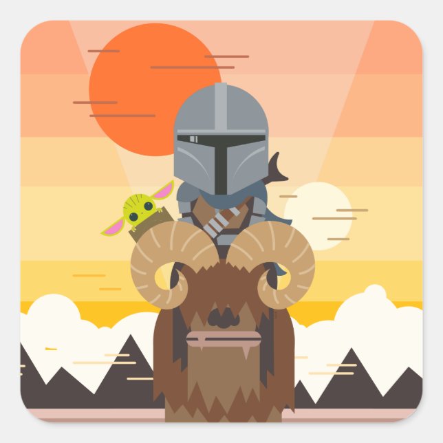 The Mandalorian and Child on Bantha Illustration Square Sticker (Front)