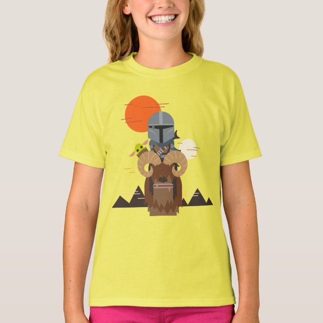The Mandalorian and Child on Bantha Illustration T-Shirt (Front)