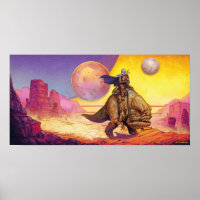 The Mandalorian Riding Blurrg Through Desert Poster