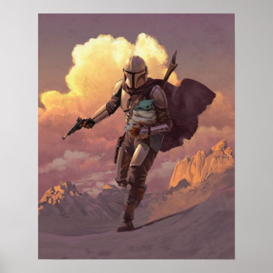 The Mandalorian Runs With Child Concept Painting Poster