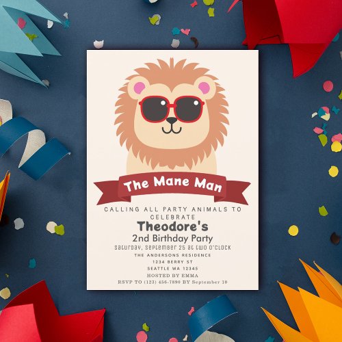 The Mane Man Cute Lion Kids 2nd Birthday Invitation