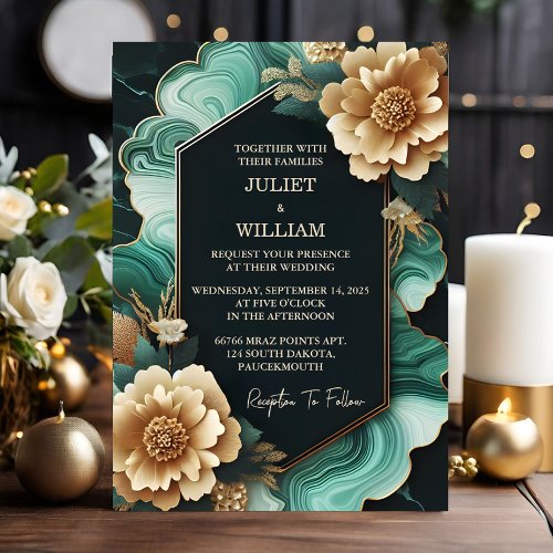 The Marble Monstera Emerald Green And Gold Wedding Invitation