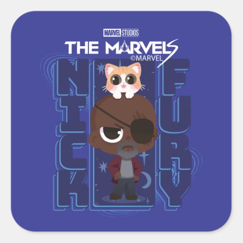 The Marvels Nick Fury With Flerkitten Cartoon Square Sticker