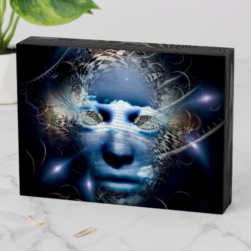 The mask of mystery wooden box sign