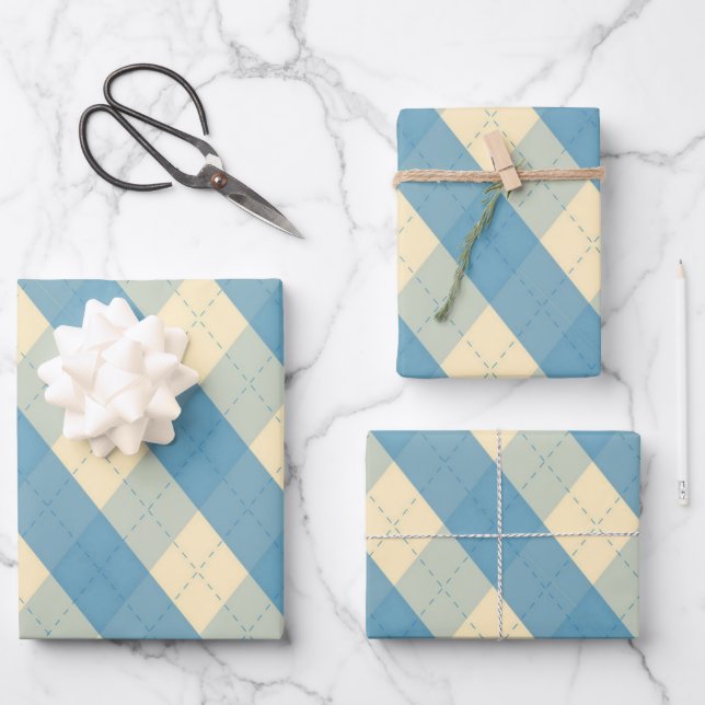The MeanClique Blue Argyle Wrapping Paper Sheets (Front)
