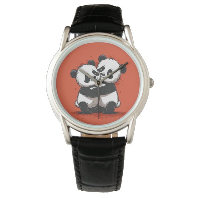 The Men's Pandas Classic Black Leather Watch (Front)