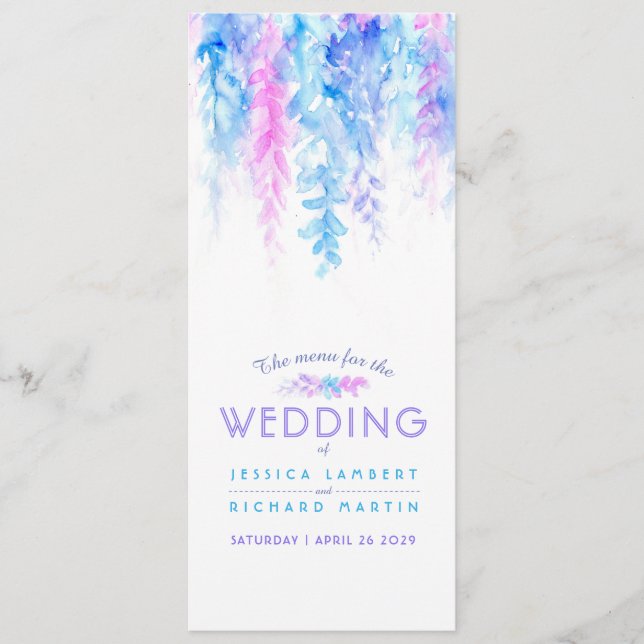 The menu blue cascading floral art watercolor (Front)