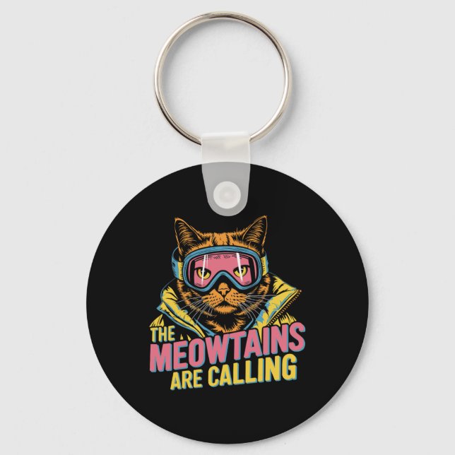 The Meowtains Are Calling Cat Snowboard Ski Kids M Keychain (Front)