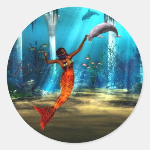 The Mermaid and the Dolphin Classic Round Sticker