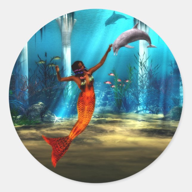 The Mermaid and the Dolphin Classic Round Sticker (Front)