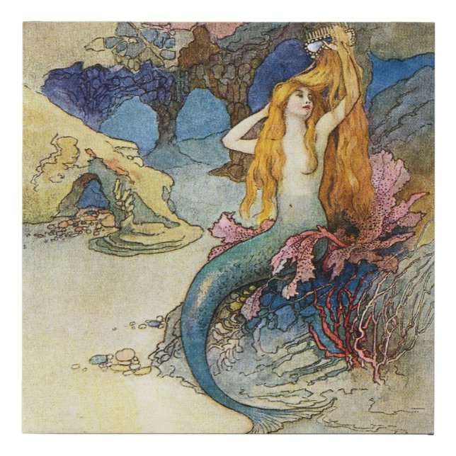 “The Mermaid” by Warwick Goble Faux Canvas Print (Front)
