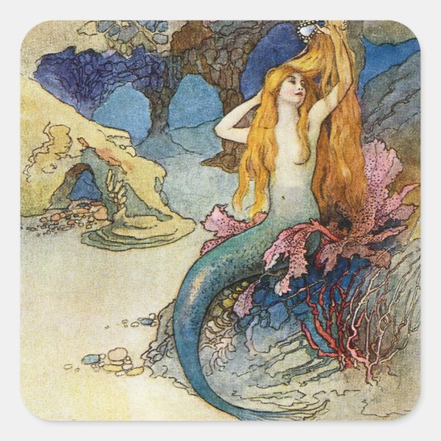 “The Mermaid” by Warwick Goble Square Sticker (Front)