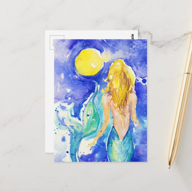 The Mermaid Watercolor Postcard (Front/Back In Situ)