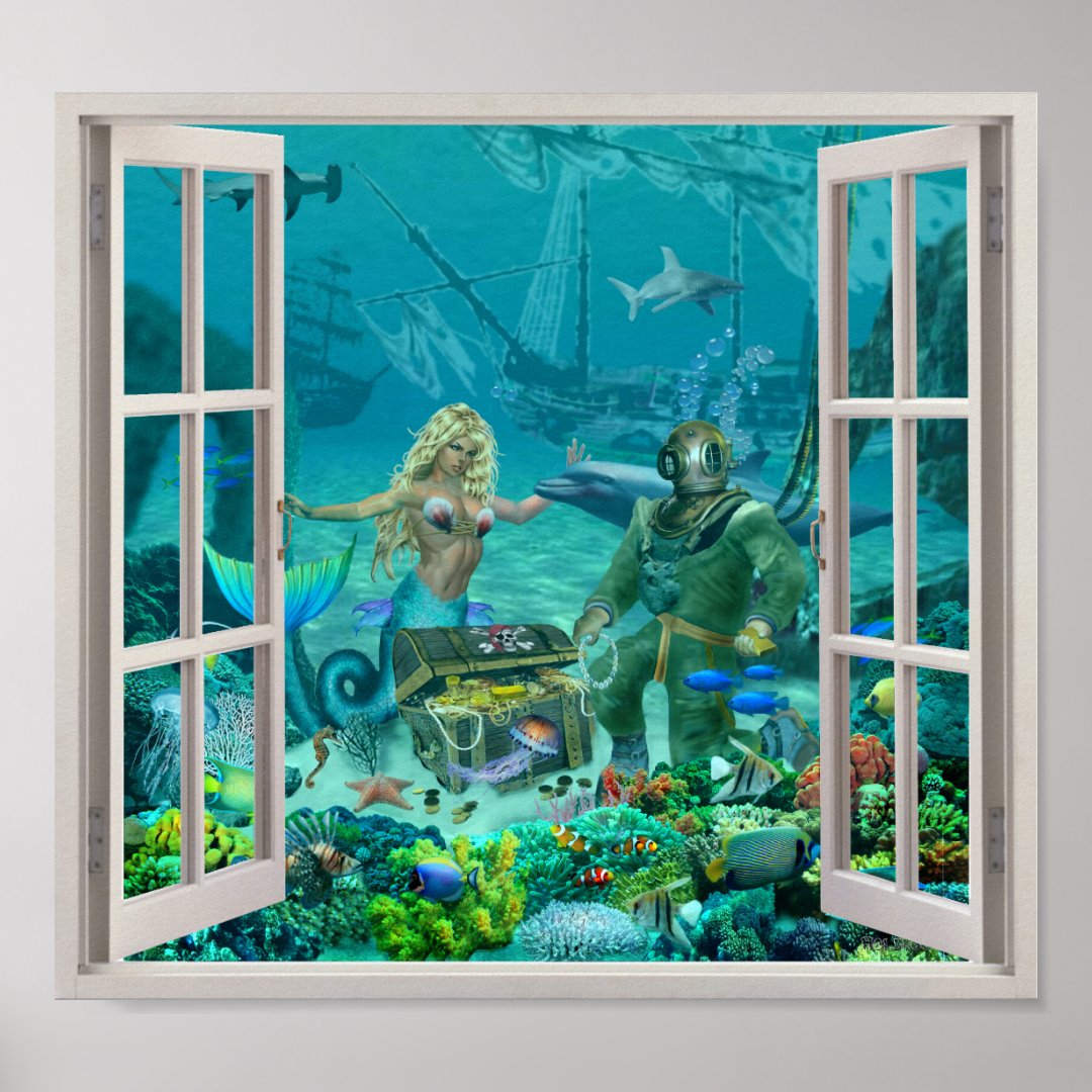 The Mermaid's Coral Reef Treasure Fake Window Poster | Zazzle