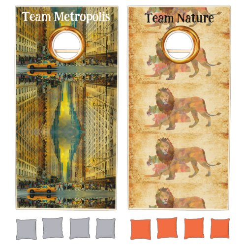 The Metropolis vs Nature Motif customizable  Cornhole Set